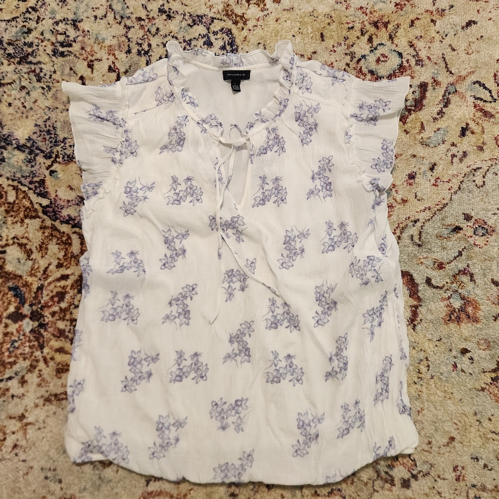 Tamara H. Floral Sleeveless Blouse with Mandarin Tie Collar Bubble Hem Size 2X